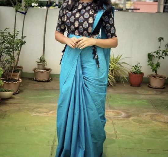 Picture of New sea blue saree with kalamkari blouse