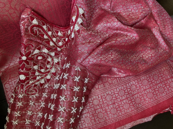 Picture of Self design baby pink saree  with maggam work blouse