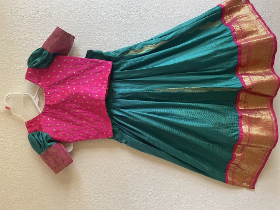 Picture of Pink and green kanchi pattu langa