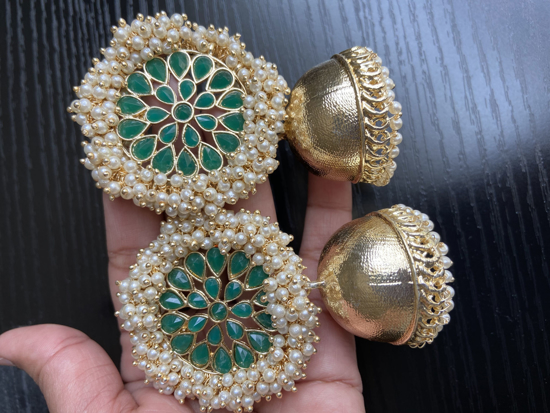 Picture of Brand New Green Kundan and Pearl Jhumkis With Gold Plating