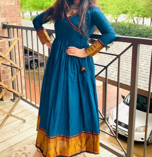 Picture of Peacock blue venkatgiri dress full sleeves