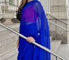 Picture of Blue Plain saree with Pink Blouse and Embroidered Blouse