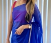 Picture of Blue Plain saree with Pink Blouse and Embroidered Blouse