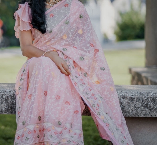 Picture of Light weight beautiful thread work rose milk color saree with custom ruffle blouse