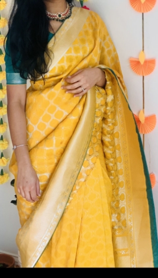 Picture of Beautiful raw mango inspired design yellow benares saree with blouse