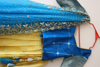 Picture of Beautiful yellow and blue organza lehenga with blue organza cut work dupatta