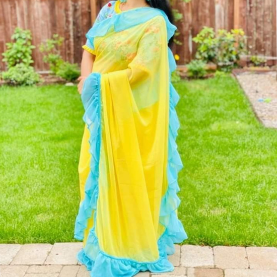Picture of Pure Georgette Ruffle Saree with designer blouse