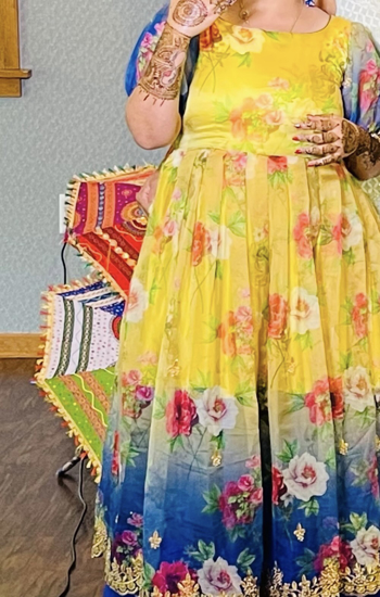 Picture of Yellow and blue Organza cutwork long frock