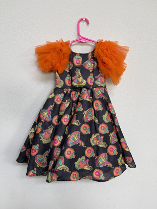 Picture of Raw silk frock with ruffle sleeves 1-2y
