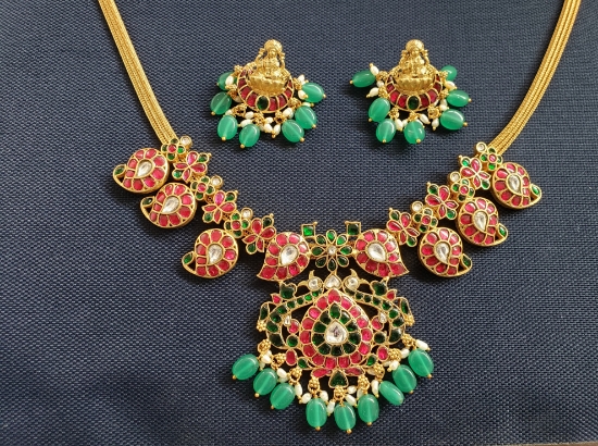 Picture of Kundan jadau mango necklace including matching antique temple earrings