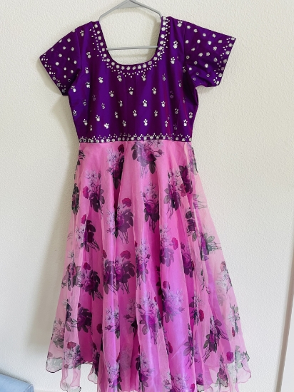 Picture of Brand new customized  purple color organza long frock with mirror work on top portion