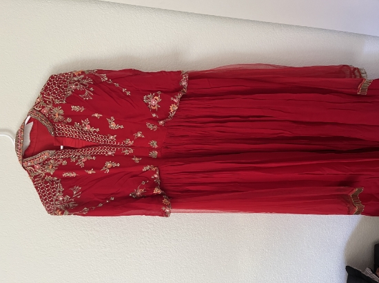 Picture of Beautiful  hand work Indowestern Red dress with work on dupatta and golden tassels