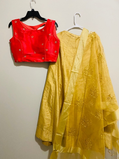 Picture of Tomato RED and gold colorcrop top paried with gold duppata