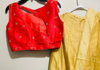 Picture of Tomato RED and gold colorcrop top paried with gold duppata