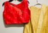 Picture of Tomato RED and gold colorcrop top paried with gold duppata