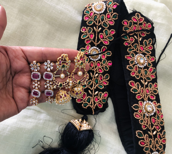 Picture of Beautiful jhumkha, Ad earrings  and  brand new maggam work jada combo