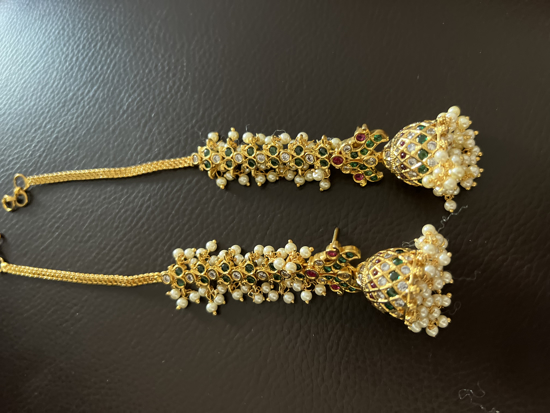 Picture of Brand new large jhumka earrings with earchains made with real ruby, emerald and pearls