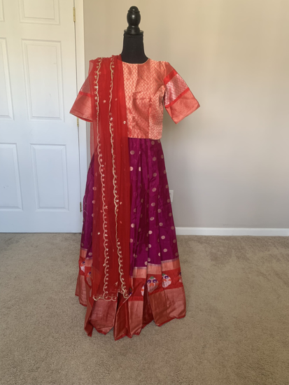 Picture of New Red Heavy Banarasi Silk Wedding Gown With Zari Weaving and Dupatta
