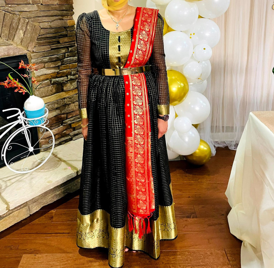 Picture of Black long frock with Red dupatta