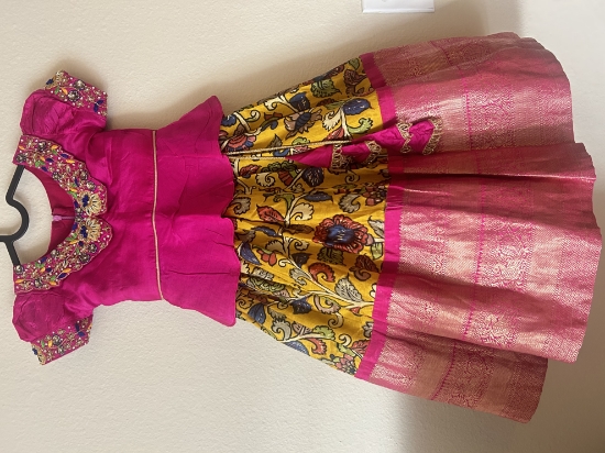 Picture of Pure Kalamkari Pattu Lehenga with big border & peplum blouse for Size 2-4Y