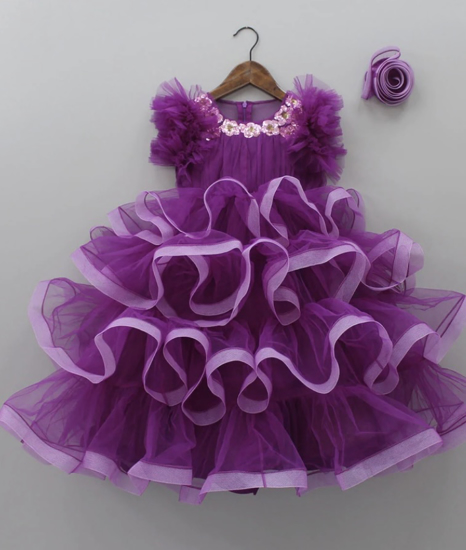 Picture of Toddler girl ruffled layered party gown with matching hair clip 3-4y