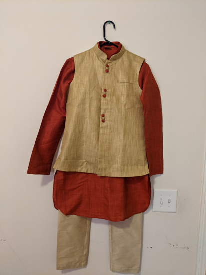 Picture of Manyavar- 3 Piece Pure Raw silk Kurta Pajama and waist coat set for 12-13 Yrs