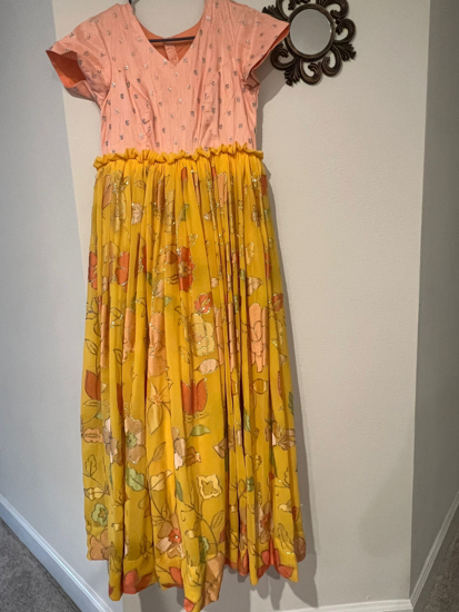 Picture of Peach raw silk yoke with yellow georgette embridodery dress