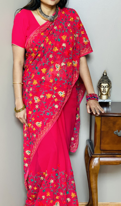 Picture of Tomato Pink Pure Georgette embroidered work saree