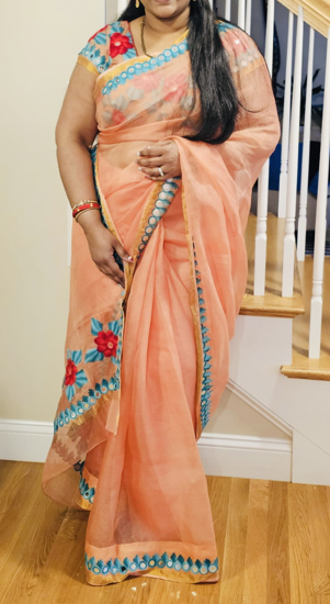 Picture of Classic Silk Kota saree with mirror work and full embroidered blouse aari work.