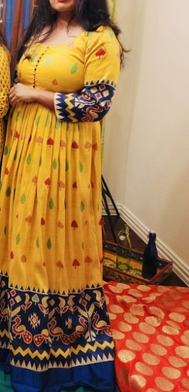 Picture of Yellow and blue ikkat dress with bandhini chunni