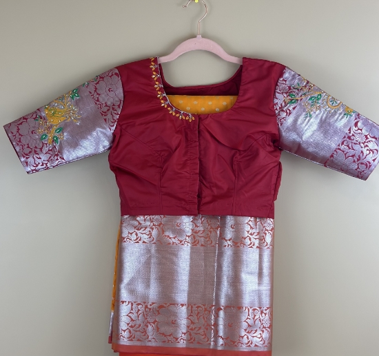 Picture of New Mango yellow semi pattu saree with machine work blouse