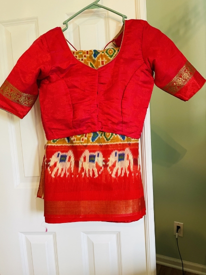 Picture of New Mustard yellow and red saree with paired ready made blouse