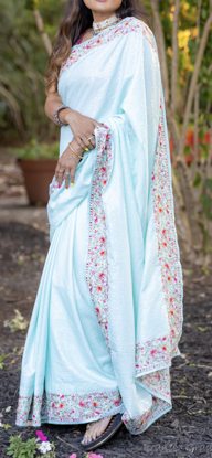 Picture of Light mint green with embroidered border sequins saree