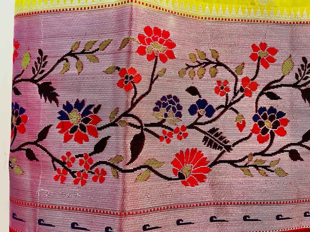 Paithani Lace Border Saree with Parrot Motifs and Contrast Blouse