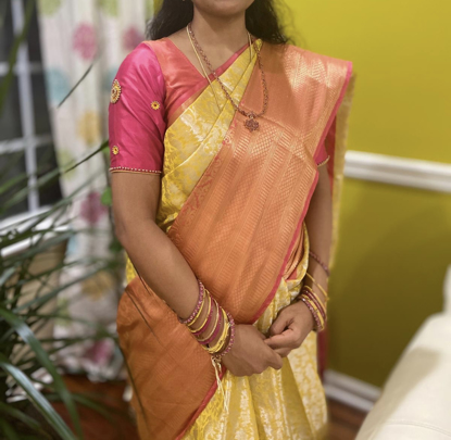 Picture of Yellow and Pink chanderi tissue Saree