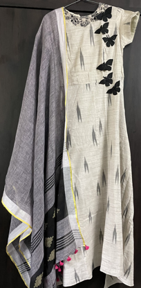 Picture of cotton hand spun ikat Frock with lenin dupatta