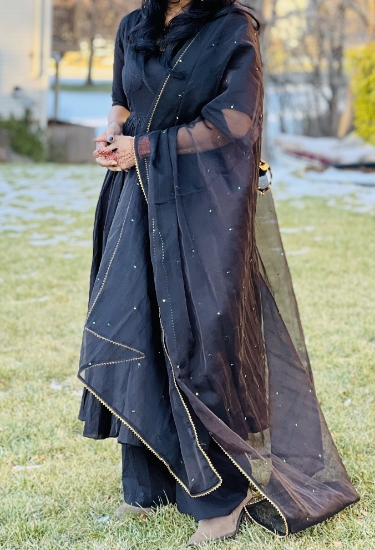 Picture of Black Cotton suit set with organza dupatta