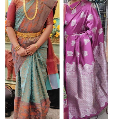 Picture of Combo sarees : Sea Green Zari weaving Brocade saree and Wine color Soft silk silver zari saree