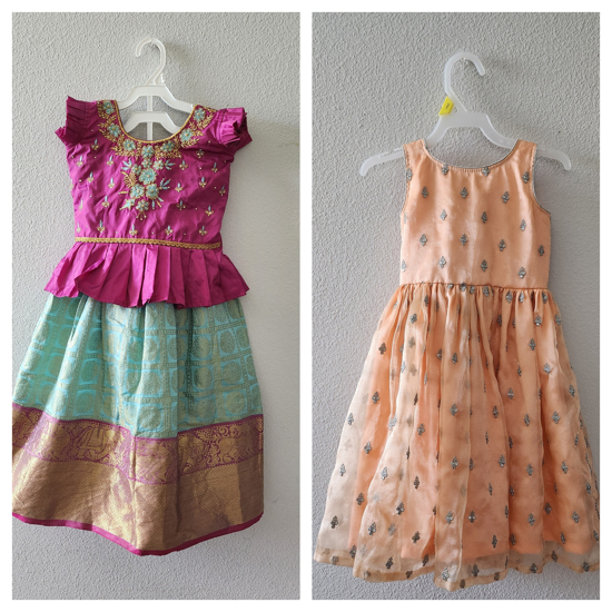 Picture of Kids Pattu Langa and Blouse and frock combo 2-3y