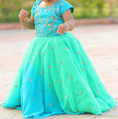Picture of Blue and Green Double shaded frock with cape 1-2y