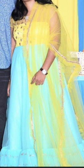 Picture of Bright blue and yellow net party wear dress