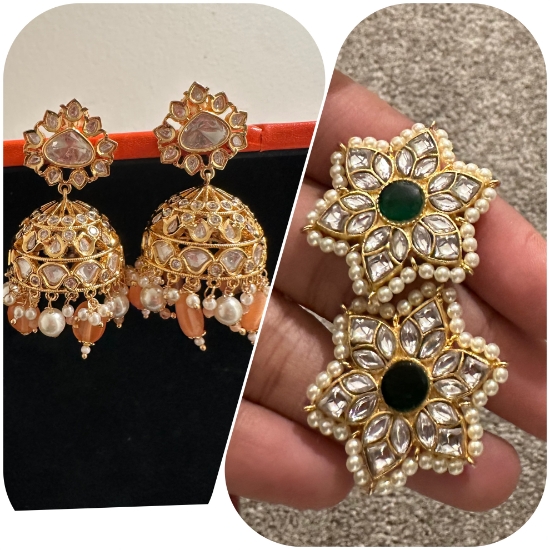 Picture of New combo of Mossainite peach jumkas and jadau kundan studs