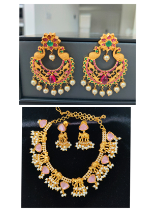 Picture of Chandbali Earrings and Baby Pink Kundan necklace combo