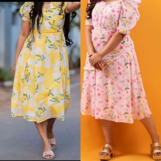 Picture of Yellow Floral Georgette Midi Dress & Pastel Pink Georgette Midi Dress