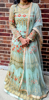 Picture of Sage green embroidered Anarkali 3pc set