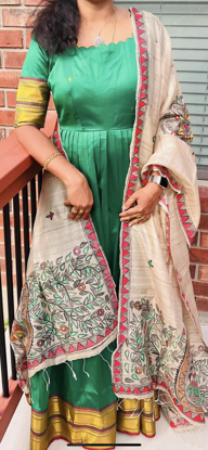 Picture of Pure Narayanapet Silk long  frock with Hand painted tussar madhubani dupatta