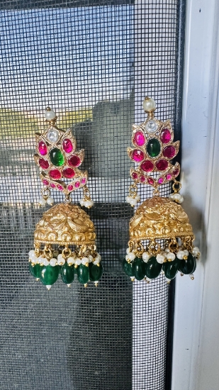 Picture of Jadau Jhumka earrings with dangling pearls