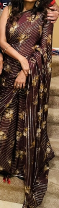 Picture of Brown silver striped Georgette saree with readymade gold blouse
