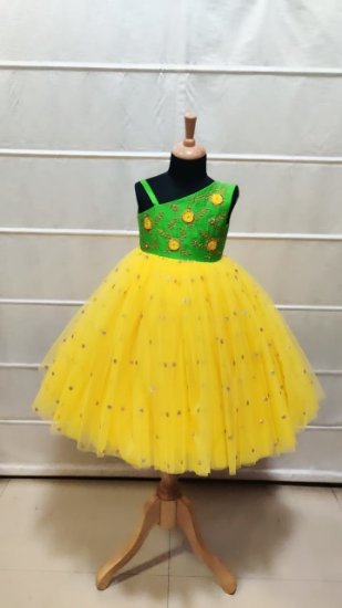 Picture of Lemon yellow and Green long frock 1y