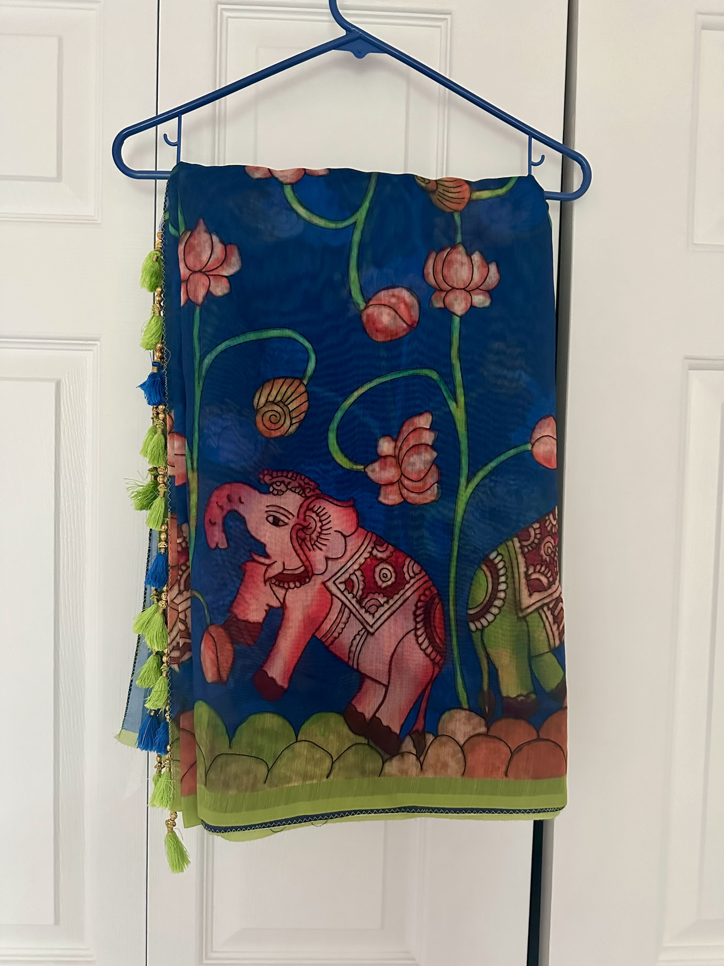PunarviAuthenticPreLovedSustainableBlue and green elephant print saree